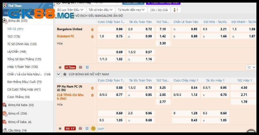 Bạn chọn vào bảng kèo bóng đá trên GK88 